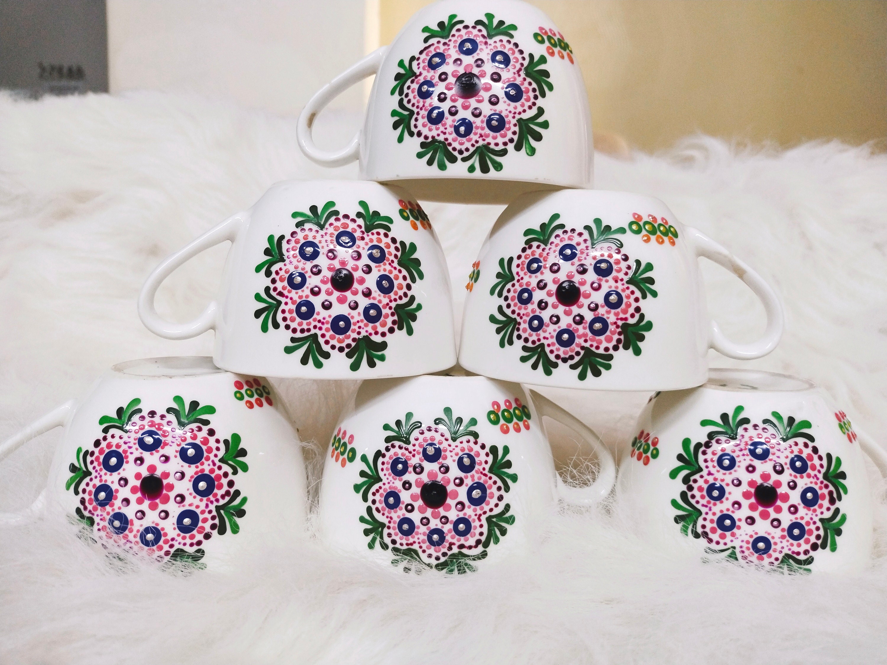 Japanese Garden Design Mugs, Ensemble de 6 Belles Tasses à Café en Céramique Peintes La Main, Cadeau