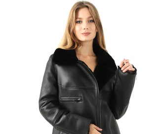 Mumcu's Leather Women's Fashion Long Down Trench Parka Coat Jacket with Shearling Sheepskin Fur Trim Lapel - MLW01