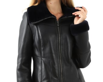 Leather Women's Fashion Genuine Shearling Sheepskin Bomber Aviator Fur Jacket Coat with Fur Trim - MLW02