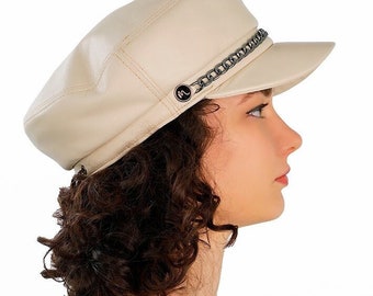 Chapéu feminino de couro jornaleiro pele de carneiro Bakerboy Bakery Peaked Fiddler Fisherman Style Cap