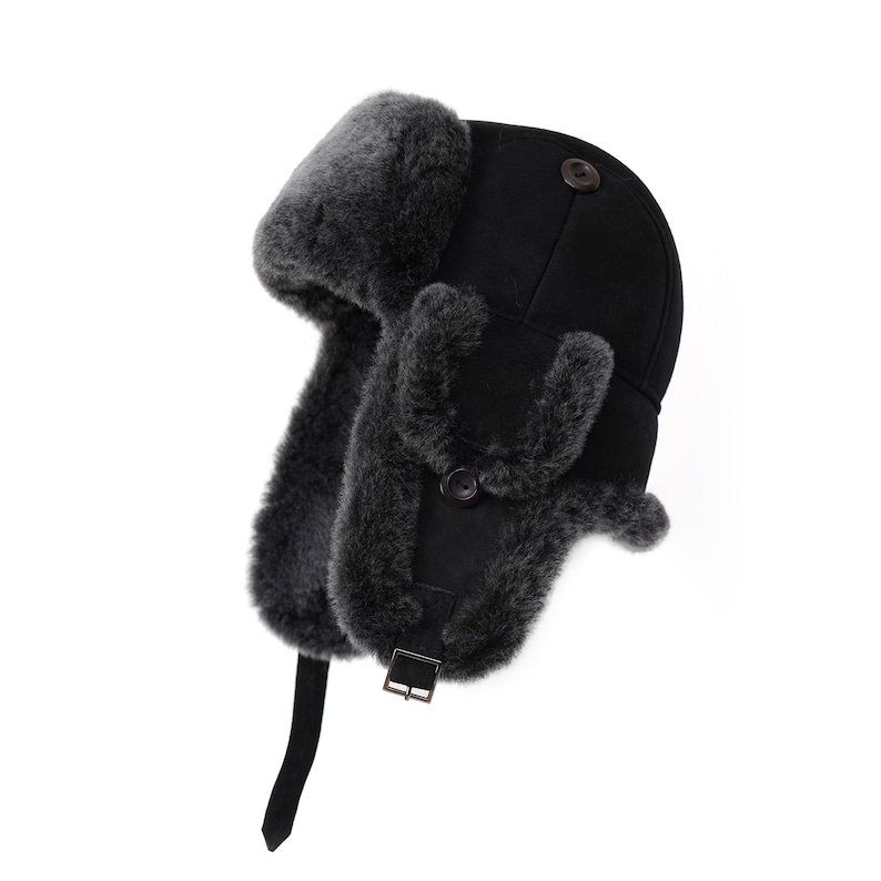 Chapeau de trappeur Ushanka Earflap Cap Winter Fur Bomber Aviator Style Suede Unisex Hat Black Brisa