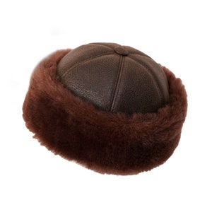 Handmade Black Leather Winter Beanie Hat - Unisex Shearling Sheepskin Fur Hat