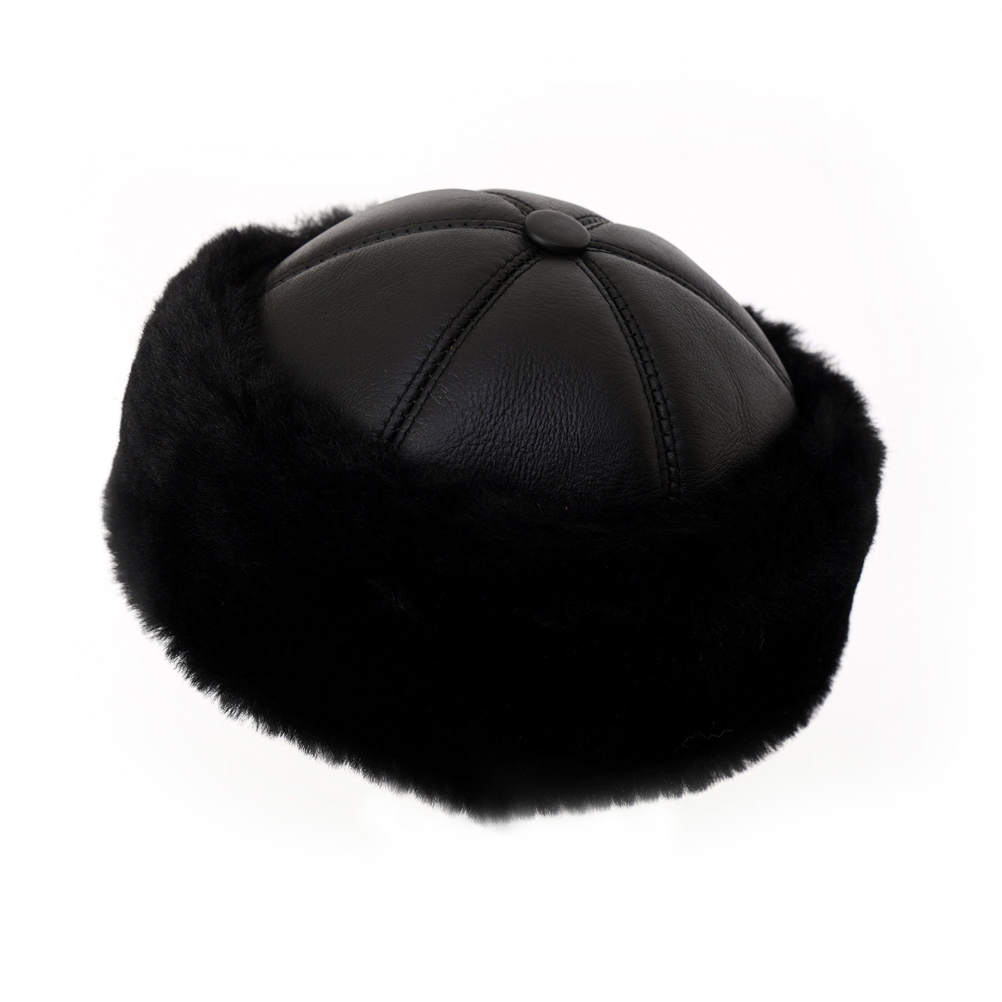 Handmade Black Leather Winter Beanie Hat - Unisex Shearling