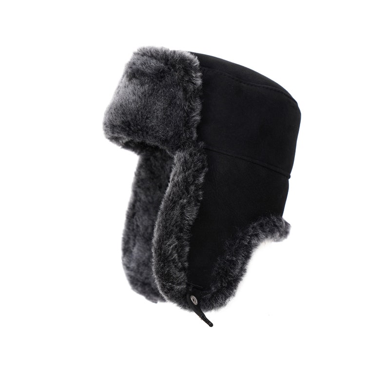 Leather Russian Ushanka Sheepskin Trapper Winter Shearl Hat Suede Black Brisa