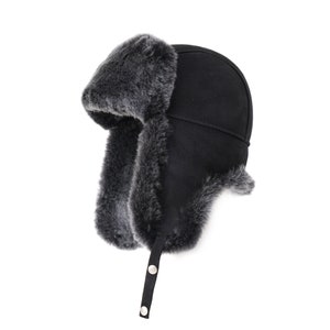 Trapper Hat Sheepskin Chapka Pilot Cap Russian Ushanka Ear Flap Winter Fur Hat Black Suede Brisa