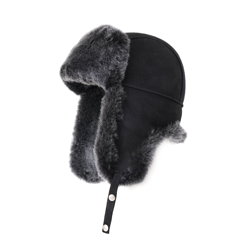 Wintermützen Chapka Leather Shearling Sheepskin Aviator Bomber Pilot Cap Russian Ushanka Earflap Trapper Winter Fur Hat Black Suede Brisa