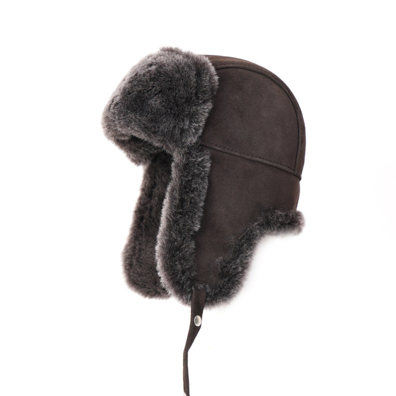 Casquette pilote aviateur aviateur chapka en cuir et peau de mouton Wintermützen, cache-oreilles russe Ushanka, chapeau de fourrure de trappeur image 9