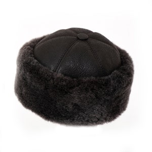 Leather Fur Russian Winter Beanie Hat I Genuine Shearling Sheepskin Wool Covered Cap