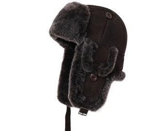 Winter Ushanka Hat Earflap Hat Shearling Sheepskin Fur Trapper Bomber Aviator Style Suede Unisex