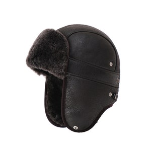 Sheepskin Aviator Russian Ushanka Mad Bomber Fur Winter Hat Cap with Snap Closure Coffee