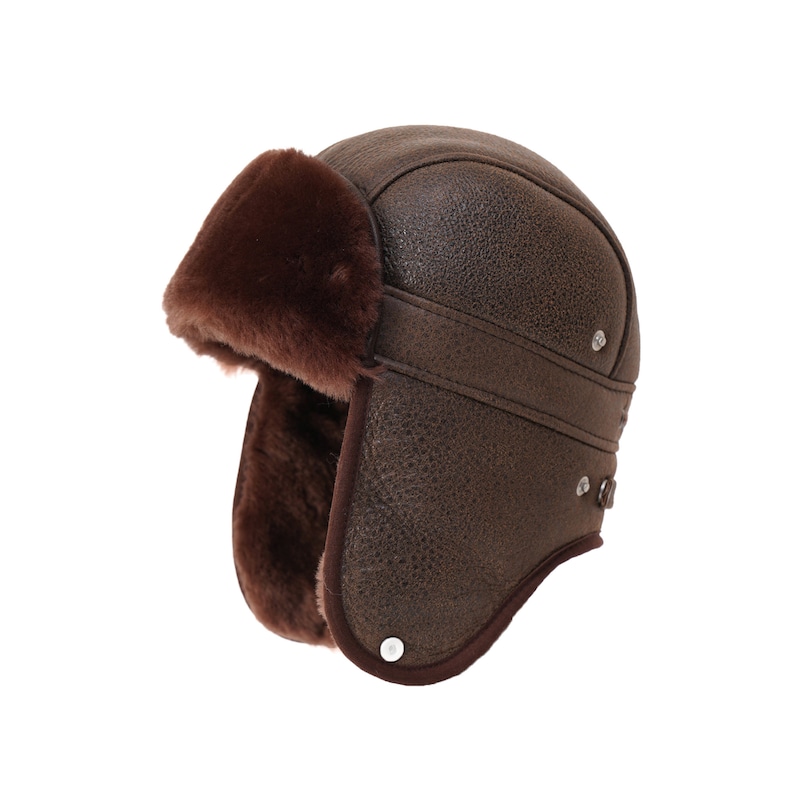 Sheepskin Aviator Russian Ushanka Mad Bomber Fur Winter Hat Cap with Snap Closure Brick