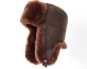 Chapeau de trappeur d'hiver en cuir russe Ushanka en peau de mouton