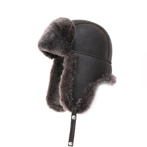 Wintermützen Chapka Leather Shearling Sheepskin Aviator Bomber Pilot Cap Russian Ushanka Earflap Trapper Winter Fur Hat Coffee Dark