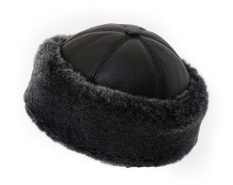 Bucket Hat Leather Winter Beanie - Unisex Shearling Sheepskin Fur Hat