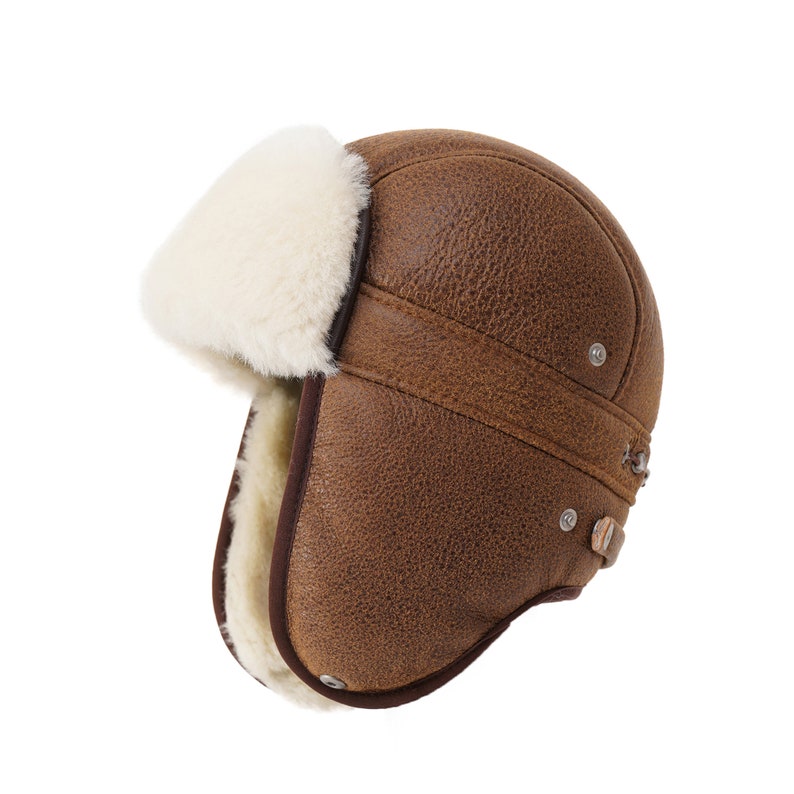 Sheepskin Aviator Russian Ushanka Mad Bomber Fur Winter Hat Cap with Snap Closure Whiskey