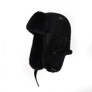 Femmes Hommes Ushanka Earflap Hat Shearling Sheepskin Fur Trapper Bomber Aviator Style Suede Unisex Winter Hat Black