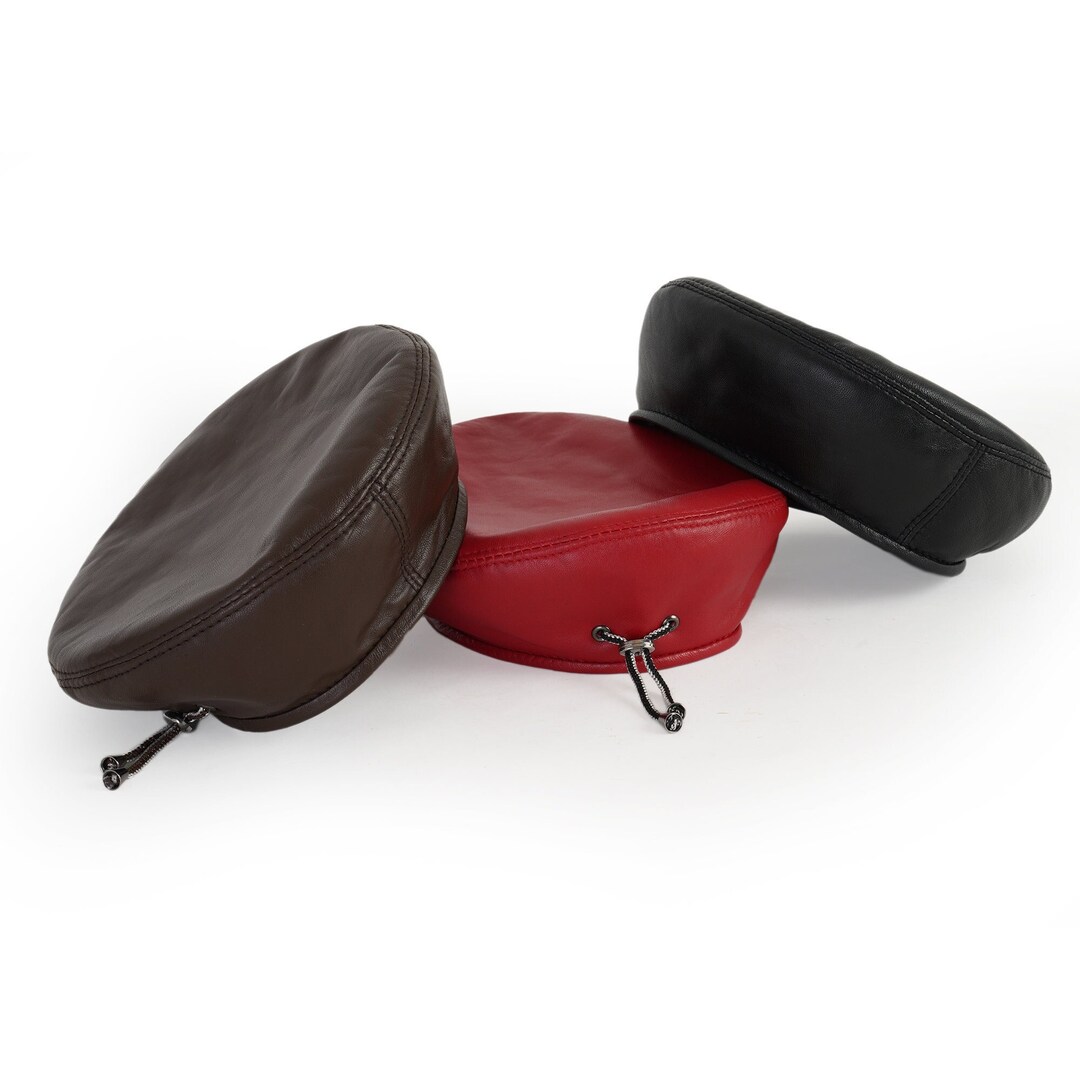 French Beret Hat Leather Authentic Sheepskin Adjustable Painter Style