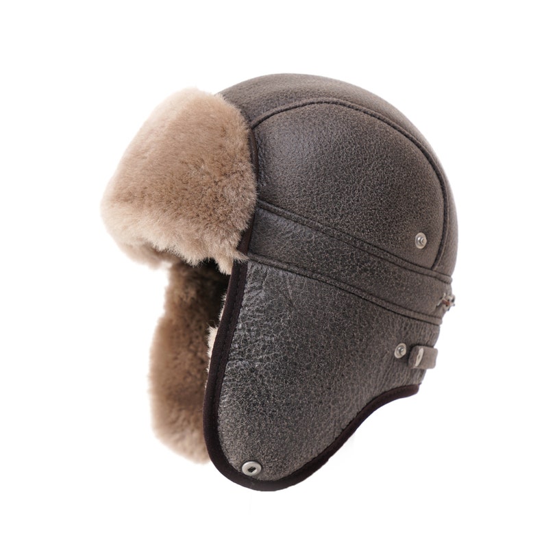 Casquette d'hiver en peau de mouton aviateur russe Ushanka Mad Bomber en fourrure avec bouton-pression Camel