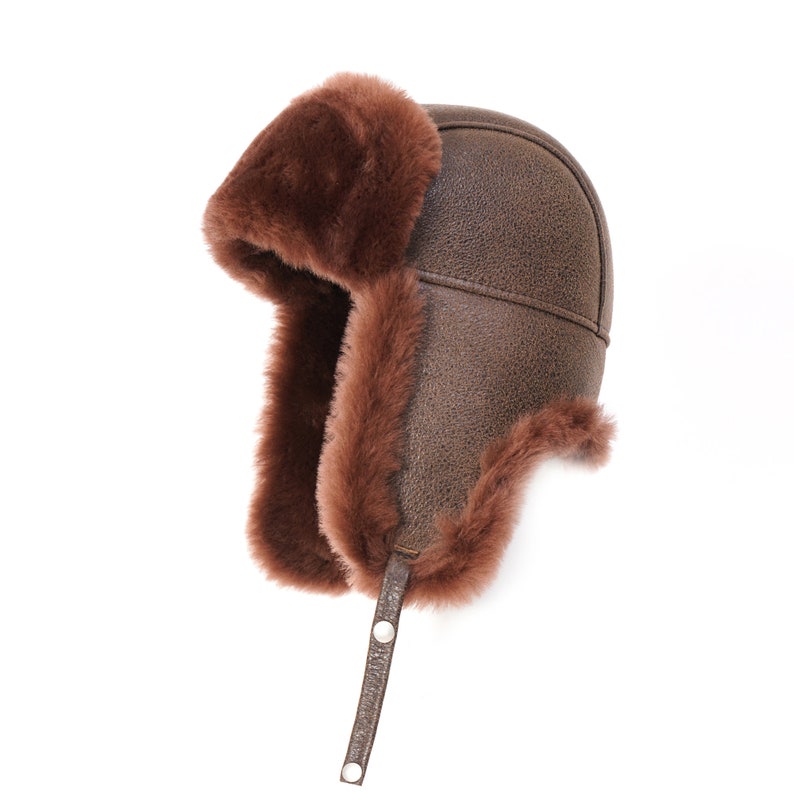 Casquette pilote aviateur aviateur chapka en cuir et peau de mouton Wintermützen, cache-oreilles russe Ushanka, chapeau de fourrure de trappeur Brick