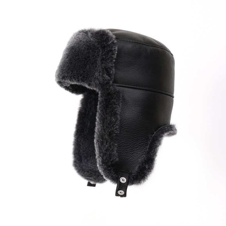 Leather Russian Ushanka Sheepskin Trapper Winter Shearl Hat Black Brisa