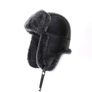 Wintermützen Chapka Leather Shearling Sheepskin Aviator Bomber Pilot Cap Russian Ushanka Earflap Trapper Winter Fur Hat Black Brisa