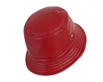 Red Bucket Hat Genuine Leather Retro Fashion Fisherman Fishing Cap