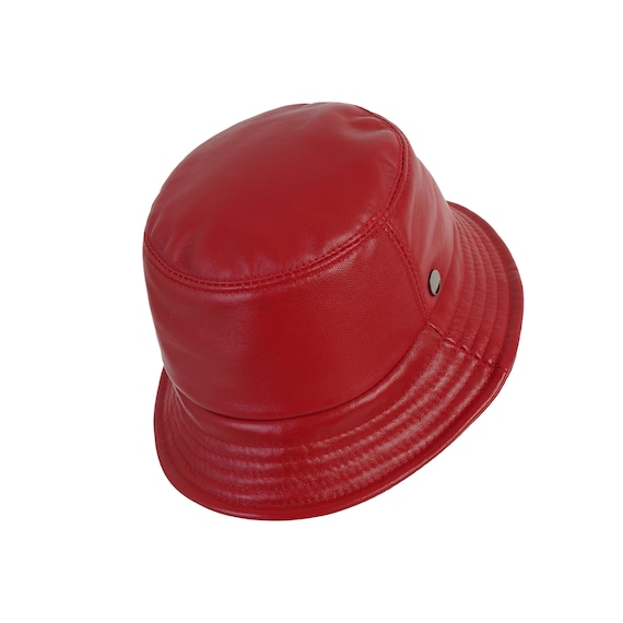 Red Bucket Hat Genuine Leather Retro Fashion Fisherman Fishing Cap Etsy