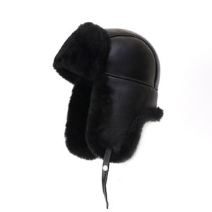 Trapper Hat Sheepskin Chapka Pilot Cap Russian Ushanka Ear Flap Winter Fur Hat Black Kansas