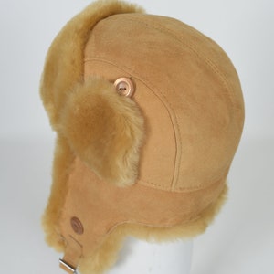 Femmes Hommes Ushanka Earflap Hat Shearling Sheepskin Fur Trapper Bomber Aviator Style Suede Unisex Winter Hat Peach