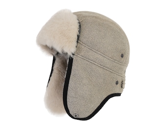 Sheepskin Aviator Russian Ushanka Mad Bomber Fur Winter Hat Cap with Snap Closure