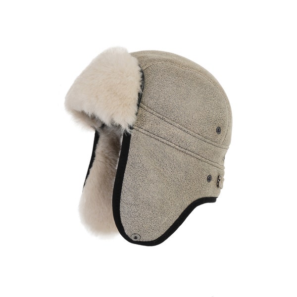 Sheepskin Aviator Russian Ushanka Mad Bomber Fur Winter Hat Cap with Snap Closure