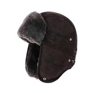 Sheepskin Aviator Russian Ushanka Mad Bomber Fur Winter Hat Cap with Snap Closure Suede Coffee