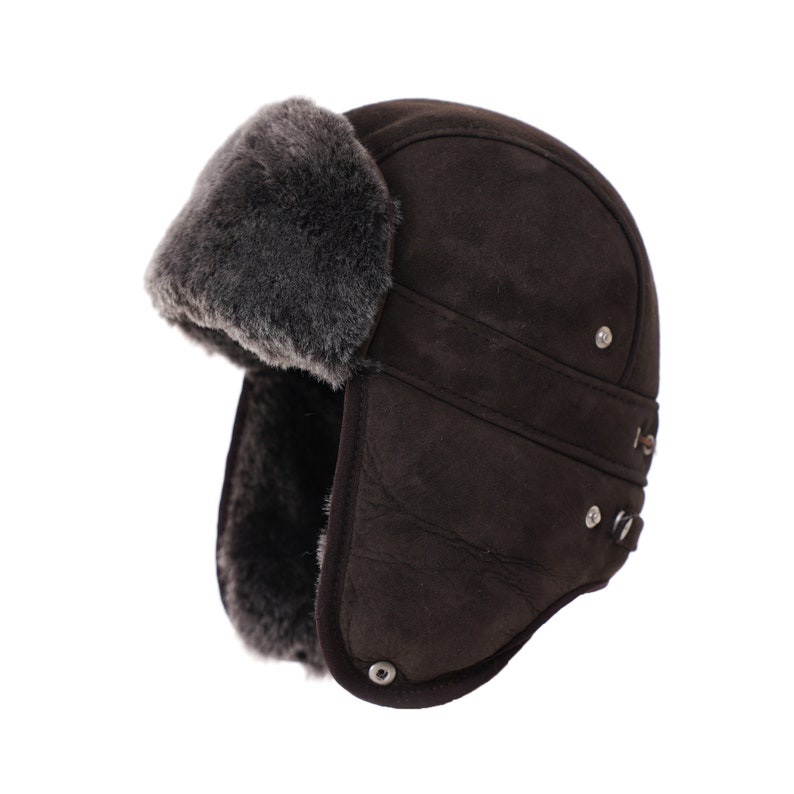 Sheepskin Aviator Russian Ushanka Mad Bomber Fur Winter Hat Cap with Snap Closure Suede Coffee