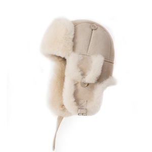 Femmes Hommes Ushanka Earflap Hat Shearling Sheepskin Fur Trapper Bomber Aviator Style Suede Unisex Winter Hat Creme