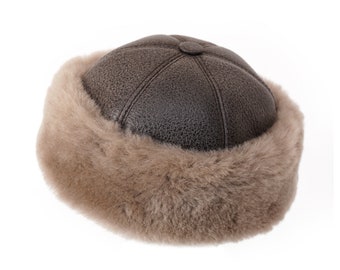 Bucket Beanie Hat Leather Shearling Sheepskin Fur Winter Hat