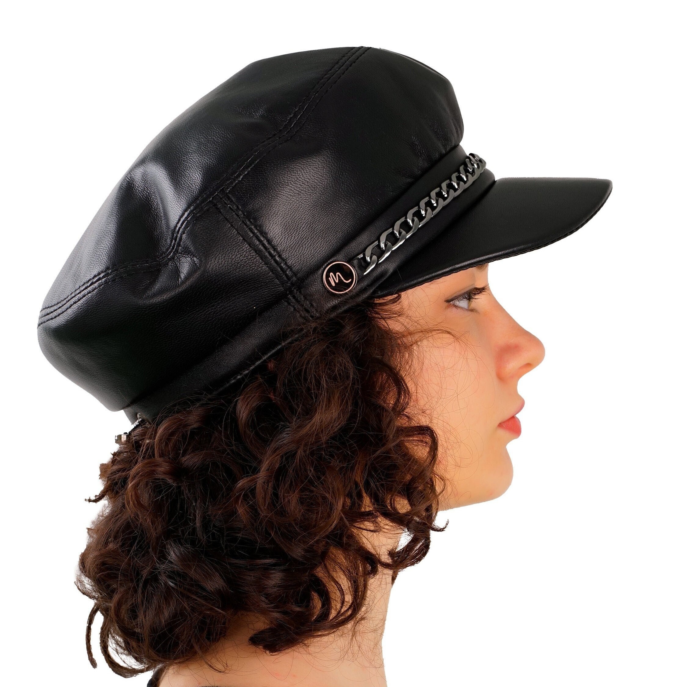 Ladies black leather sale cap