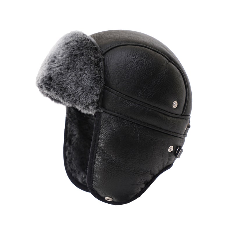Sheepskin Aviator Russian Ushanka Mad Bomber Fur Winter Hat Cap with Snap Closure Brisa Black