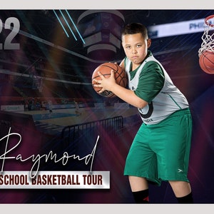 May include: A young boy wearing a white and green basketball jersey with the number 22 on the front, dribbling a basketball in a basketball arena. The text "SCHOOL BASKETBALL TOUR" is on the bottom of the image.