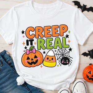Creep It Real : Illustrations de citrouilles d'Halloween, de bonbons de maïs et d'araignées mignonnes | T-shirt d'Halloween PNG (Téléchargement numérique)