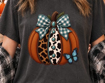 Cow Print Pumpkin PNG, Western Cowgirl Fall Design, Turquoise Bow Patchwork Pumpkin, Rustic Autumn Shirt PNG