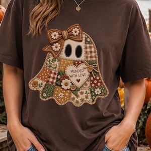 Patchwork Ghost PNG | Halloween Shirt Design, Mended With Love Ghost PNG, Patchwork Halloween Sublimation Design (Digital Download)
