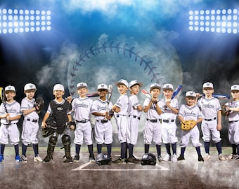 May include: A group of young baseball players in white and navy uniforms, with "Yankees" on the front, stand on a baseball field. They hold bats, gloves, and helmets, with a large baseball graphic in the background. The scene is lit by stadium lights.
