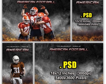 Puede incluir: Una plantilla gráfica digital para fotos de equipo de fútbol americano. La plantilla presenta un fondo grunge negro y gris con llamas y una valla metálica. El texto "Tournament League American Football" está en la parte superior de la plantilla. El texto ".PSD 18x12 pulgadas (300dpi) 5400x3600 píxeles" está en la parte inferior de la plantilla.