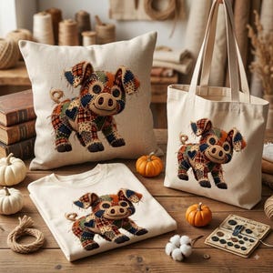 May include: A cream-colored throw pillow, a canvas tote bag, and a t-shirt, each featuring a patchwork pig design made of various plaid and solid fabric squares with button eyes. The pig has a curly tail and dark hooves on a light background.