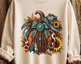 Calabaza de piel de vaca estilo western PNG, diseño de vaquera otoñal, sombrero de vaquero turquesa, sublimación rústica de otoño, camisa otoñal estilo western (descarga digital)