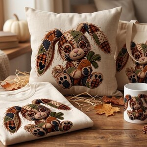 Puede incluir: Un cojín decorativo, una bolsa de tela, una sudadera y una taza de cerámica blanca, cada uno con una ilustración de conejo estilo patchwork con ojos de botón, patrones de cuadros y una zanahoria, sobre una superficie de madera con decoración otoñal.