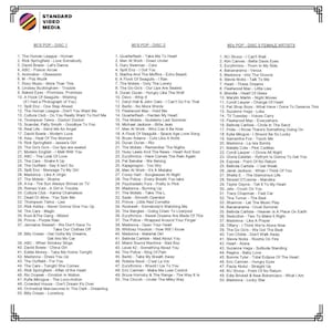 May include: A list of 80's pop music artists and songs divided into three sections: 80's Pop - Disc 1, 80's Pop - Disc 2, and 80's Pop - Disc 3 Female Artists. Each section lists the artist and song title.