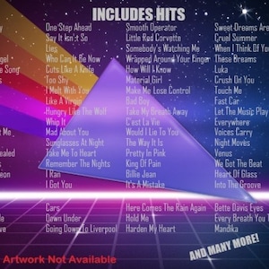May include: A colorful image with a list of popular songs, including "Love Somebody", "Let's Dance", "Poison Arrow", "Send Me An Angel", "Space Age Love Song", "No More Words", "You Spin Me", "Misled", "Dress You Up", "Jessie's Girl", "Don't You Want Me", "Shake It Up", "Our Lips Are Sealed", "More Than This", "Karma Chameleon", "Modern Love", "One Step Ahead", "Say It Isn't So", "Lies", "Who Can It Be Now", "Cuts Like A Knife", "Too Shy", "I Melt With You", "Like A Virgin", "Hungry", "Whip It", "Mad About You", "Like The Wolf", "Sunglasses At Night", "Take Me To Heart", "Remember The Nights", "Ran", "I Got You", "Smooth Operator", "Little Red Corvette", "Somebody's Watching Me", "When I Think Of You", "Wrapped Around Your Finger", "These Dreams", "How Will Know", "Luka", "Crush Or You", "Touch Me", "Fast Car", "Let The Music Play", "Everywhere", "Voices Carry", "Night Moves", "Venus", "We Got The Beat", "Heart Of Glass", "Into The Groove", "Here Comes The Rain Again", "Bette Davis Eyes", "Every Breath You Take", "Mandika", "Loverboy", "Cars", "A Girl In Trouble", "Dawn Under", "Hold Me", "The Look Of Love", "Going Down To Liverpool", "Harden My Heart". The image includes the text "INCLUDES HITS" and "AND MANY MORE!"