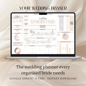 May include: A laptop screen showing a wedding dashboard with financial and planning details. The screen displays charts, graphs, and text including "wedding dashboard" and "save the date 20/09/2027". The laptop is on a light background with the text "YOUR WEDDING DIANNER".