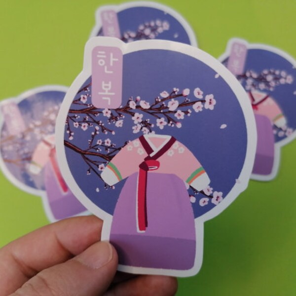 Aufkleber Sticker Hanbok Koreanische Kleidung Mode aus Korea K-Fashion süß niedlich lila violett mit Hangul und Blüten